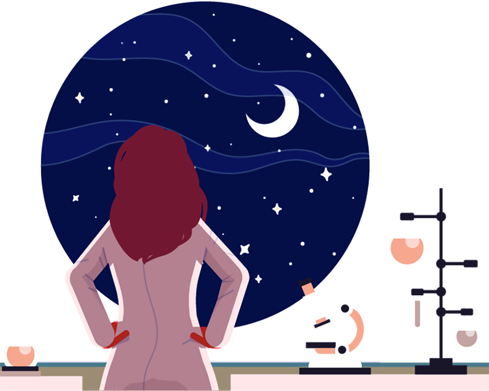 Illustration of a cancer researcher looking out a window to the moon